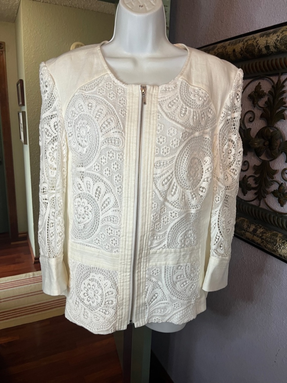 INC International Concepts Winter White Cotton-Linen Top- crochet panels Sz XL